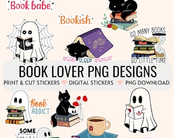Paquete PNG para amantes de los libros digitales, pegatinas para imprimir y recortar, PNG de libros espeluznantes, pegatinas y diseños de ropa inspirados en libros de fantasmas y terror