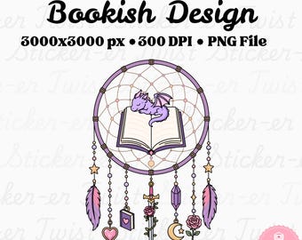 Romantasy Lesezeichen PNG | Bücherwurm Fantasy Romantik Traumfänger | Drachen Buchliebhaber Clipart | Niedliches Trendy Drachen Lesebuch Design Booktok