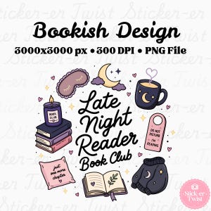 Pode incluir: Um design digital com ilustrações temáticas de livros, incluindo uma pilha de livros, uma vela, uma caneca com uma lua crescente, um suéter e o texto "Late Night Reader Book Club". Também inclui o texto "Bookish Design".