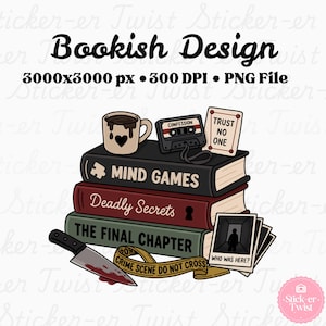 Könnte beinhalten: Digitales Design mit einem Stapel Bücher, einer Kaffeetasse und einem Kassettenband. Die Bücher tragen die Titel "Mind Games", "Deadly Secrets" und "The Final Chapter". Enthält auch ein blutiges Messer und Absperrband.