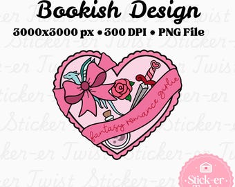Fantasy Romance Girlie Heart PNG: Cute Trendy Bookish Clipart, Kindle Sticker, Bookclub Reader Sticker Design, Romantasy Reader Book Sticker