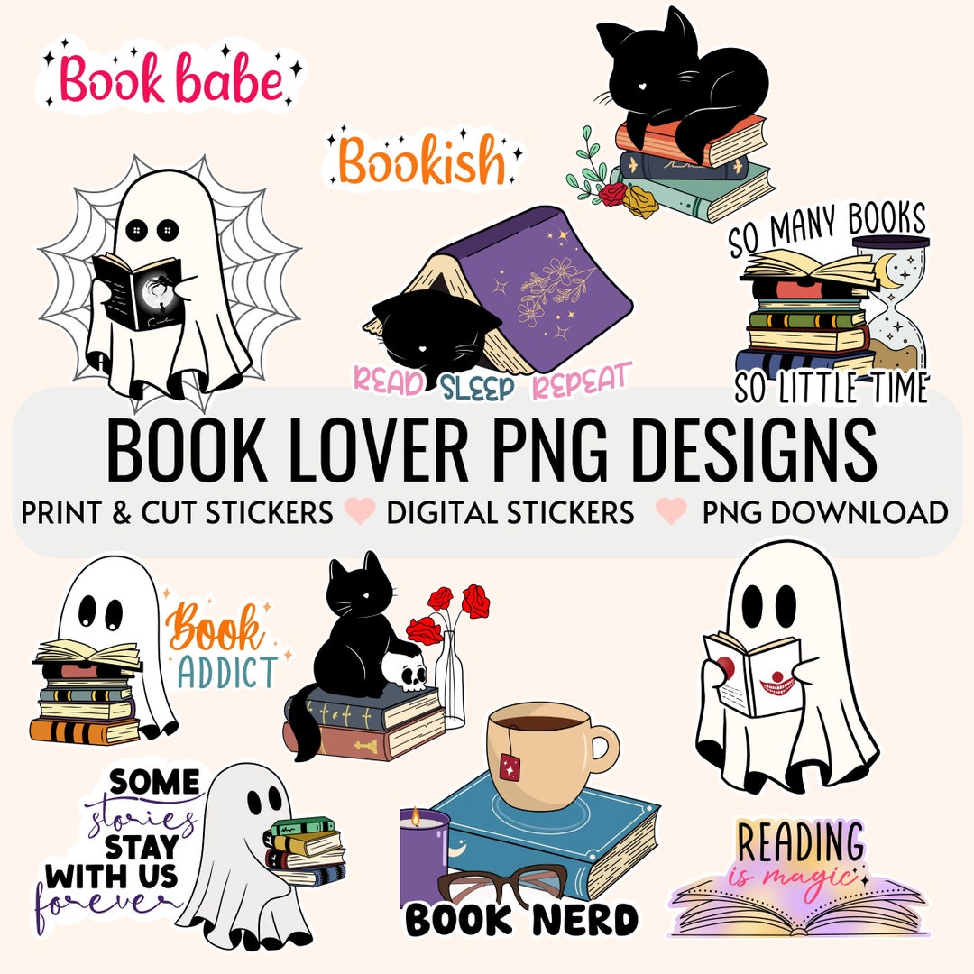 Digital Book Lover Bundle PNG, Stickers Print and Cut, Spooky Bookish ...