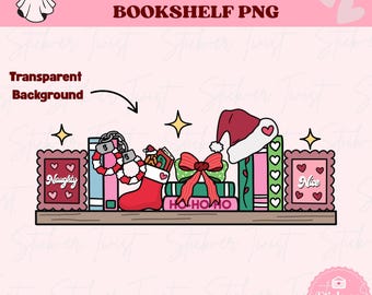 Peut inclure: Illustration numérique d'une étagère festive avec des éléments de Noël. L'étagère comprend des livres, un bonnet de Père Noël, une chaussette et des cadeaux. Les mots "Naughty" et "Nice" sont affichés sur des cœurs encadrés. Le texte "FESTIVE SMUT BOOKSHELF PNG" est en haut.