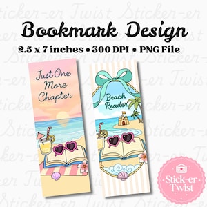 Op de afbeelding: Twee boekenleggers met strandthema. Eén boekenlegger heeft de tekst "Just One More Chapter" met een zonsondergangscène. De andere zegt "Beach Reader" met een strandscène. Elke boekenlegger is 6,35 cm x 17,78 cm.
