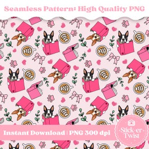 Könnte beinhalten: Ein nahtloses Muster mit Boston Terriern, die aus rosa Büchern, Kaffeetassen, Schleifen, Herzen und Pfotenabdrücken auf hellrosa Hintergrund schauen. Der Text "Seamless Pattern: High Quality PNG" und "Instant Download | PNG 300 dpi" sind sichtbar.