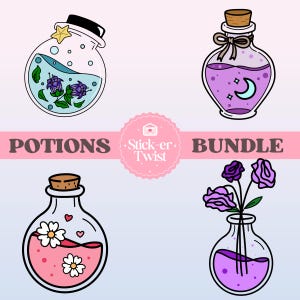 May include: A sticker bundle featuring four potion bottle designs. The stickers showcase bottles with floral, celestial, and other magical elements. The text "POTIONS BUNDLE" is visible, along with the seller's logo.