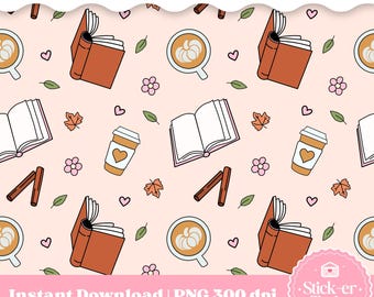 Herbst Bookish Nahtloses Muster, Bookish Herbst nahtloses Muster, Bücher und Kaffee PNG, Bookish Sublimation DTF Digital Download Pattern