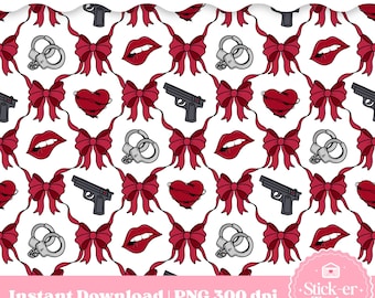 Puede incluir: Patrón sin costuras con elementos repetidos: lazos rojos, labios, corazones, esposas y pistolas sobre fondo blanco. El texto "Instant Download | PNG 300 dpi" se muestra en una pancarta rosa.