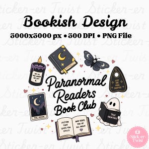 Puede incluir: Un diseño digital con ilustraciones de temática paranormal. Incluye una vela, un libro con una luna creciente, una polilla, una planchette, una carta del tarot, un libro con un fantasma y un libro abierto. El texto dice "Bookish Design" y "Paranormal Readers Book Club."