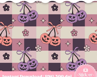 Pumpkin Cherry Bow Seamless File PNG: Fall Coquette Halloween Pumpkin PNG, Autumn Girly Pattern, Halloween Pumpkin Seamless for Sublimation