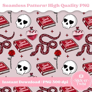 Peut inclure: Motif répété avec des crânes aux yeux en forme de cœur, des livres rouges avec le texte "Dark Romance", des serpents, des roses et des flacons de potion en forme de cœur. Le motif comprend le texte "Instant Download | PNG 300 dpi".