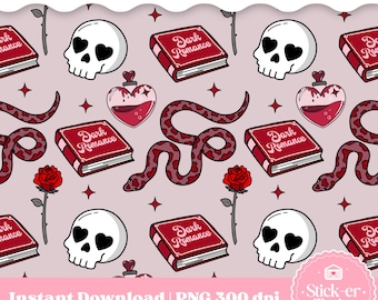 Puede incluir: Patrón repetitivo con calaveras con ojos en forma de corazón, libros rojos con el texto "Dark Romance", serpientes, rosas y botellas de poción en forma de corazón. El diseño incluye el texto "Instant Download | PNG 300 dpi".