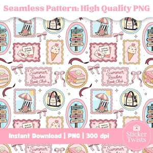 May include: A seamless pattern featuring various summer-themed illustrations. The design includes images of beach chairs, ice cream cones, books, and envelopes with hearts. The color palette consists of pink, white, and light blue, creating a cheerful and inviting aesthetic.