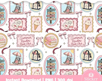 Sommer Leser Stempel Musterdesign PNG | Kokette Bookish Digitales Papier | Bookish Stamps Strand Lesung Ästhetik | Niedliches Scrapbook Design