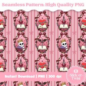 Può includere: Un motivo senza cuciture con illustrazioni gotiche su uno sfondo a righe rosa. Il design include cuori, spade, libri, teschi e corone, il tutto incorniciato all'interno di bordi decorativi. Il testo "Seamless Pattern: High Quality PNG" è in alto.