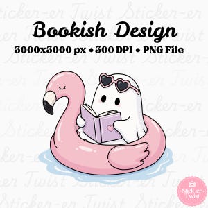 May include: A cartoon ghost wearing heart-shaped sunglasses reads a book while floating on a pink flamingo pool float. The image includes the text "Bookish Design" at the top. The image is a PNG file.