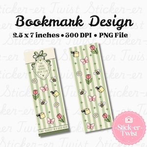 Puede incluir: Dos diseños de marcapáginas con temática primaveral. Cada marcapáginas mide aproximadamente 6,35 cm x 17,78 cm y presenta un fondo a rayas verde claro con ilustraciones de abejas, mariposas, flores y libros. Un marcapáginas tiene el texto "The Spring Readers Book Club".