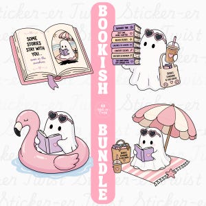 May include: A sticker sheet with a "Bookish Bundle" theme, showing cartoon ghosts reading books. One ghost is reading in a book, another with a stack of books, and others on a flamingo float and under an umbrella. Includes text: "Some stories stay with you..."