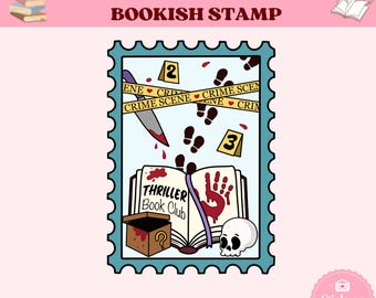 May include: A teal stamp design with a crime scene theme. The stamp features a knife, footprints, and a book with the words "Thriller Book Club." A skull and a box with a question mark are also included. The text "Thriller Bookclub Bookish Stamp" is at the top.