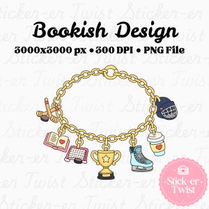 Puede incluir: Una pulsera de cadena dorada con varios dijes, incluyendo un palo y disco de hockey, un libro, una red de hockey, un trofeo, un patín de hielo y una taza de café. El texto "Bookish Design" está en la parte superior.