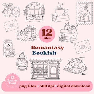 Pacchetto Romantasy Bookish, Timbro digitale Romantasy, PNG per romanzi fantasy, Adesivi digitali Romantasy, Booktok, Pacchetto per amanti dei libri, Libri sui draghi