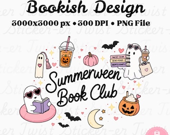 Summerween Buchklub PNG | Bücherwurm Halloween PNG | Niedlicher Geist Reader PNG | Buchliebhaber Shirt Design | Gruselige Sommer Sublimation | BookTok png
