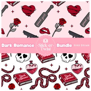 May include: A sticker bundle with a dark romance theme. The design includes a heart wrapped in barbed wire, a rose, a handgun, lips, a skull, a snake, and a book with the words "Dark Romance". The text "good girl" is also present.