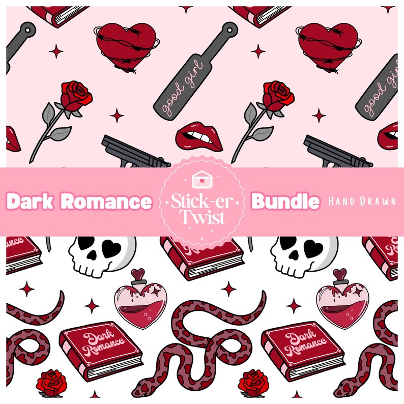 May include: A sticker bundle with a dark romance theme. The design includes a heart wrapped in barbed wire, a rose, a handgun, lips, a skull, a snake, and a book with the words "Dark Romance". The text "good girl" is also present.