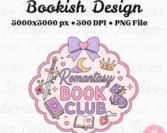 Romantasy Book Club PNG | Fantasy Romantik Aufkleber Design | Bücherwurm Sublimation PNG | Drachen als Lesezeichen | Niedliche Fantasy Romanze
