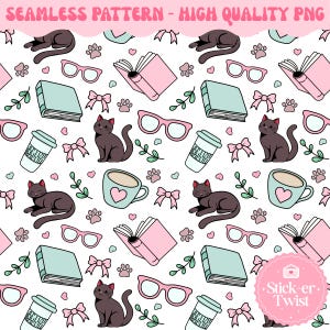 May include: A seamless pattern featuring a variety of cute illustrations, including black cats, books, glasses, coffee cups, bows, and paw prints. The pattern is set against a white background and is perfect for use in a variety of creative projects.