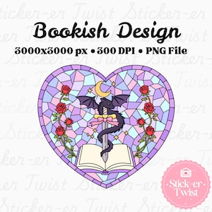 May include: A heart-shaped design with a stained-glass effect, featuring a black dragon with a sword, a crescent moon, stars, and red roses. The design includes the text "Bookish Design" and file details.