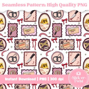 May include: Seamless pattern featuring crime scene elements like handcuffs, knives, magnifying glasses, and case files. The design includes pink bows, ribbons, and stars on a white background. Text at the top reads "Seamless Pattern: High Quality PNG".