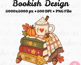 Imágenes PNG de temática otoñal literaria, imágenes prediseñadas acogedoras de lectura otoñal, descarga digital de pila de libros con calabazas