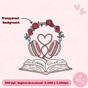 Audiobook Girlie Sticker: PNG Download, Cute Audiobook Clipart for Book Lovers, Kindle Stickers, Sublimation DTF