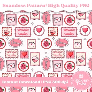 May include: A repeating pattern with romantic motifs in pink and red. The design incorporates postage stamp-style frames with hearts, roses, keys, envelopes, and the text "romance reader". The words "Instant Download | PNG 300 dpi" are also visible.