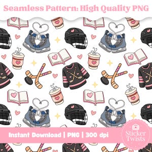 Hockey Romance Bookclub Seamless Pattern: Romance Booktrope Seamless File, Sport Romance Bookish Seamless Pattern PNG