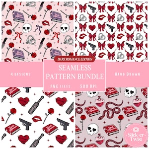 May include: A seamless pattern bundle with four hand-drawn designs. The patterns feature gothic and dark romance elements like skulls, roses, books, weapons, and hearts. The text "DARK ROMANCE EDITION" and "SEAMLESS PATTERN BUNDLE" are visible.