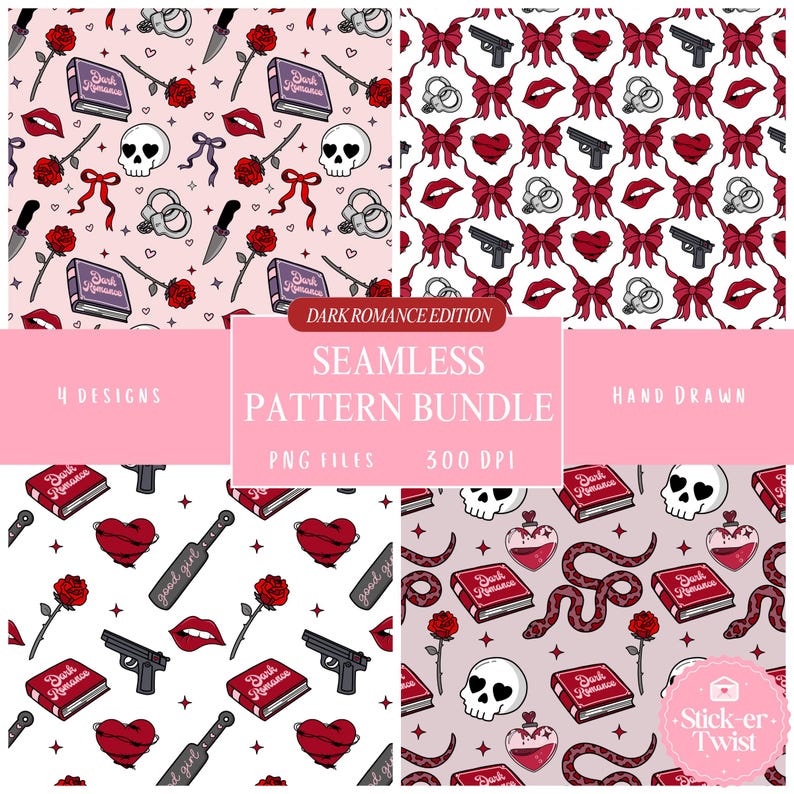 May include: A seamless pattern bundle with four hand-drawn designs. The patterns feature gothic and dark romance elements like skulls, roses, books, weapons, and hearts. The text "DARK ROMANCE EDITION" and "SEAMLESS PATTERN BUNDLE" are visible.