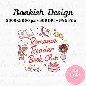Puede incluir: Un diseño digital con el texto "Bookish Design" y "Romance Reader Book Club". El diseño incluye ilustraciones de un libro, una botella de vino, copas, arco y flecha, anillos, rosas, sobres y una pila de libros.