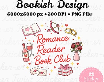 May include: A digital design with the text "Bookish Design" and "Romance Reader Book Club." The design includes illustrations of a book, wine bottle, glasses, bow and arrow, rings, roses, envelopes, and a stack of books.