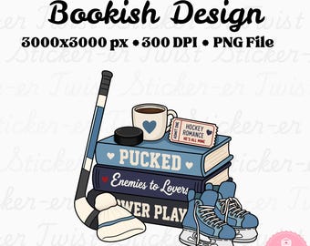 May include: A digital design showing a stack of books with titles such as "Pucked" and "Enemies to Lovers," a hockey stick, a coffee mug with a heart, and ice skates. The design includes the text "Bookish Design."