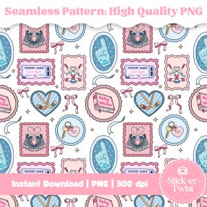 May include: Seamless pattern with hockey-themed illustrations. The design features pink, blue, and white elements, including hockey skates, tickets, hearts with hockey sticks, and a foam finger. The text includes "Hockey Night" and "Hockey Romance".