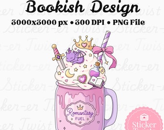 Imágenes prediseñadas PNG de batido romántico, pegatina de postre de fantasía, estética de dragón intelectual, comida mágica adorable, dragones de fantasía con corona y espada
