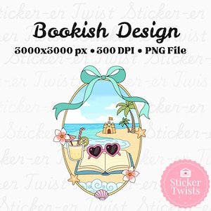 Op de afbeelding: Digitaal ontwerp met de tekst "Bookish Design". De afbeelding toont een strandscène in een ovale lijst, met een open boek, hartvormige zonnebril, een drankje en een zandkasteel. Het ontwerp bevat een strik en palmbomen.