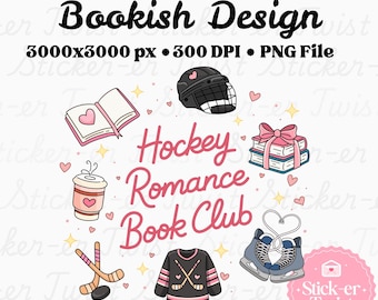 Club de lectura de romance de hockey PNG – Gráfico literario con temática de romance deportivo para pegatinas de BookTok, marcapáginas, camisetas y uso comercial con Cricut.