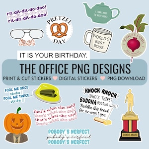 Op de afbeelding: Een set digitale stickers met personages en citaten uit de populaire tv-serie "The Office". De stickers bevatten een pretzel, een biet, een pompoen, een nietmachine in gelei, een Dunder Mifflin Dundie Award en een mok met de tekst "Beste baas ter wereld".