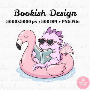 May include: A whimsical illustration features a pink dragon wearing heart-shaped sunglasses, reading a book while floating on a pink flamingo pool float. The image includes the text "Bookish Design".
