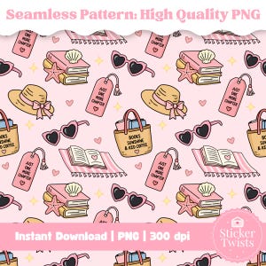 May include: A seamless pattern featuring summer-themed illustrations on a pink background. The design includes books, sunglasses, beach hats, starfish, tote bags, and bookmarks. The text "BOOKS SUNSHINE & ICED COFFEE" is on a tote bag. The words "JUST ONE MORE CHAPTER" are on a bookmark.