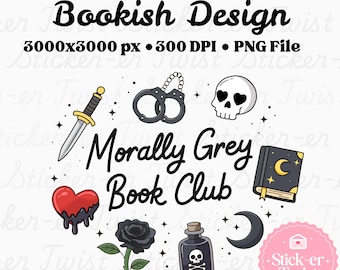 Club de lectura Moralmente Gris PNG / Estética de lector de romance oscuro / Clipart de libros de BookTok / Romance villano PNG / Diseño de lector gótico