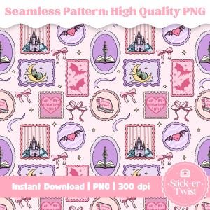 May include: A seamless pattern in pastel pink, purple, and lavender, featuring fantasy elements. The design includes castles, bats with heart-shaped wings, crescent moons, books, and bows. The text "In my Romantasy Era" is also present.